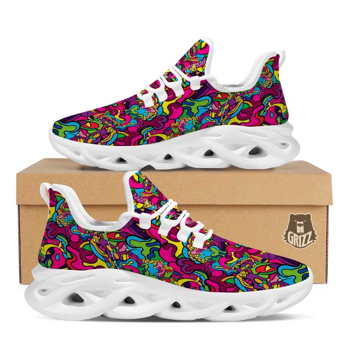Cat Hippie Psychedelic White Running Shoes-grizzshop