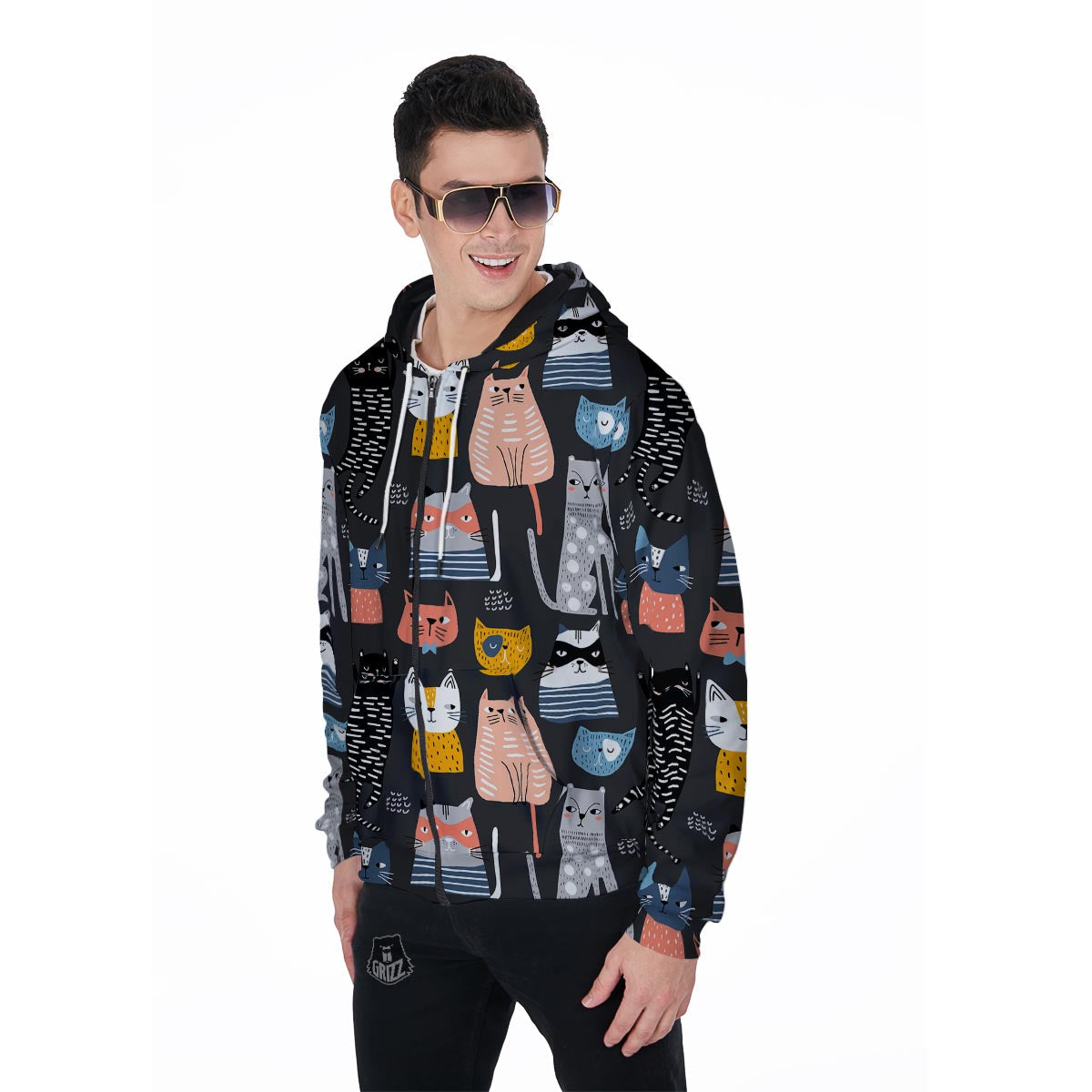 Cat Style Print Men's Zip Up Hoodie-grizzshop