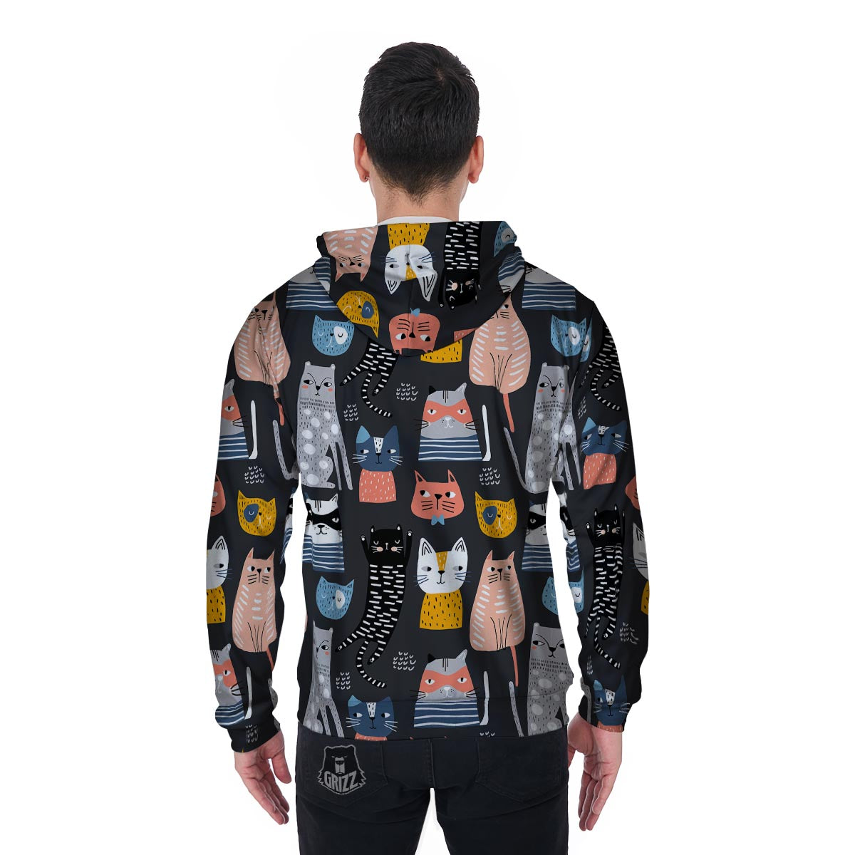 Cat Style Print Men's Zip Up Hoodie-grizzshop
