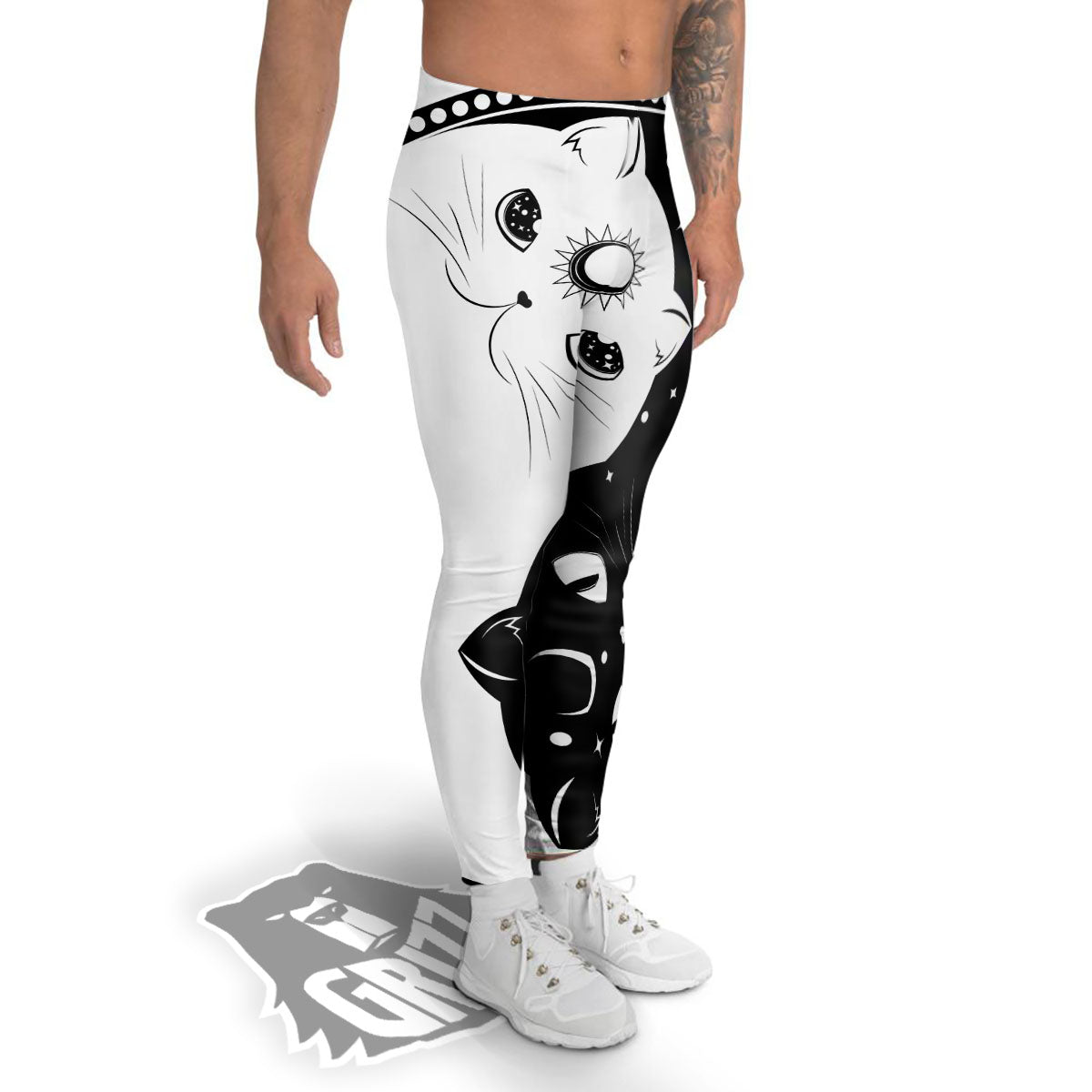 Cat Yin Yang White And Black Print Men's Leggings-grizzshop