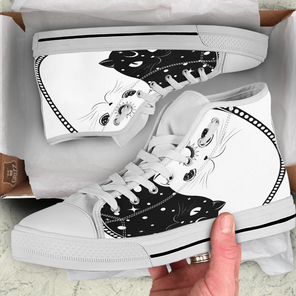 Cat Yin Yang White And Black Print White High Top Shoes-grizzshop