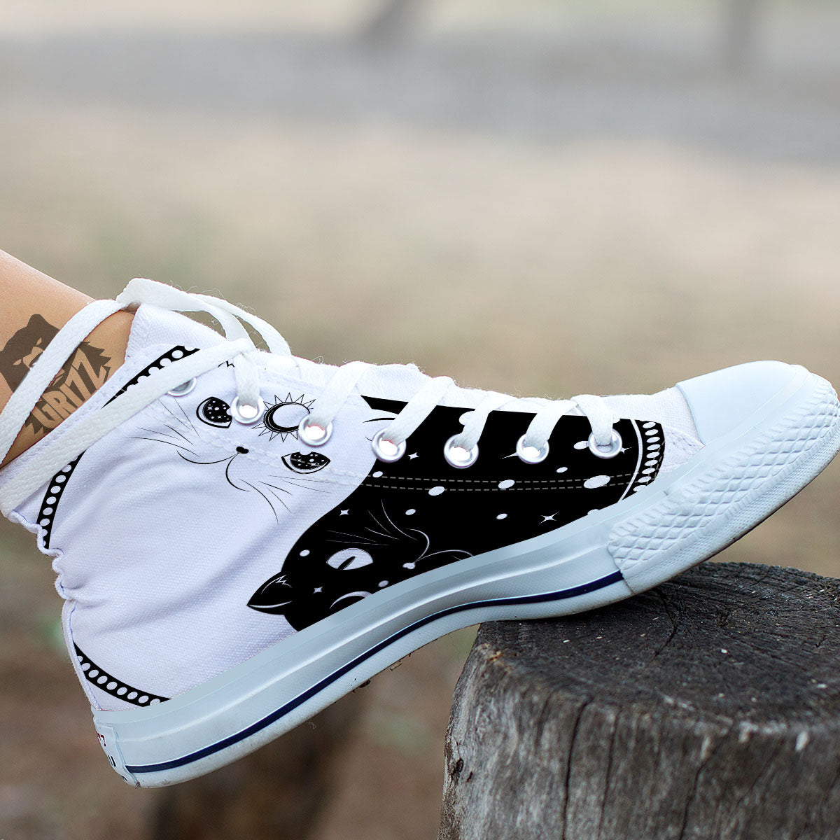 Cat Yin Yang White And Black Print White High Top Shoes-grizzshop