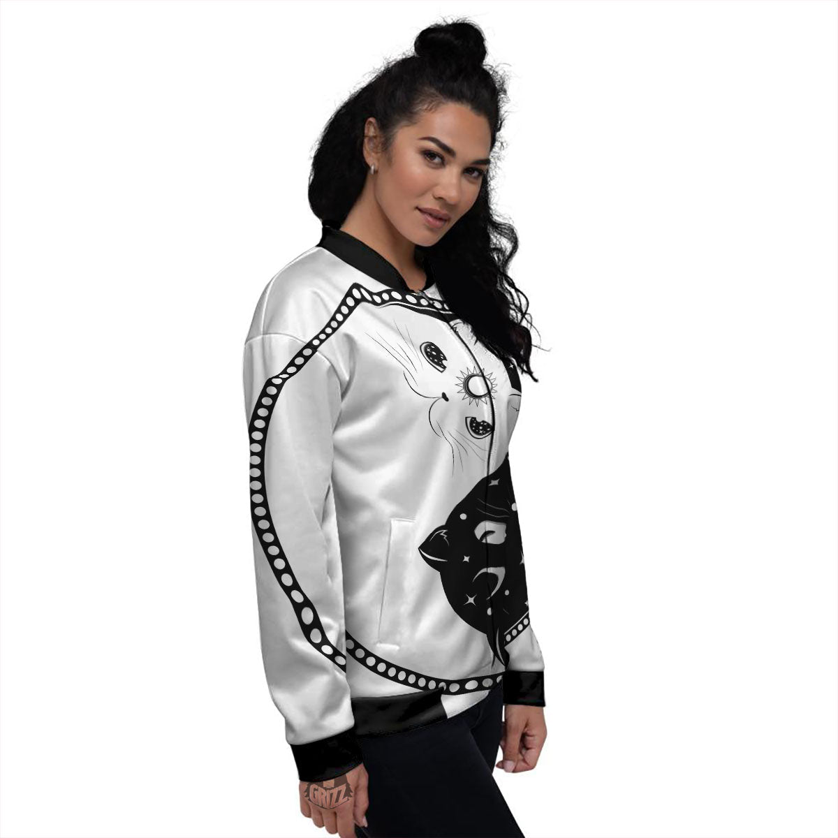 Cat Yin Yang White And Black Print Women's Bomber Jacket-grizzshop