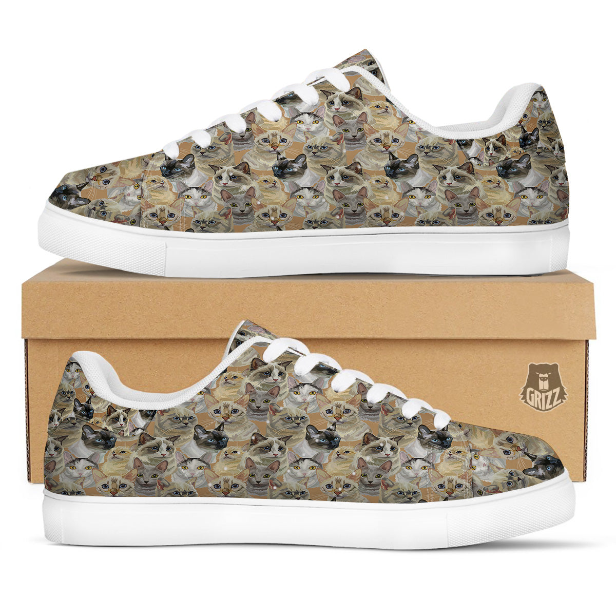 Cats Portrait Print Pattern White Low Top Sneakers-grizzshop