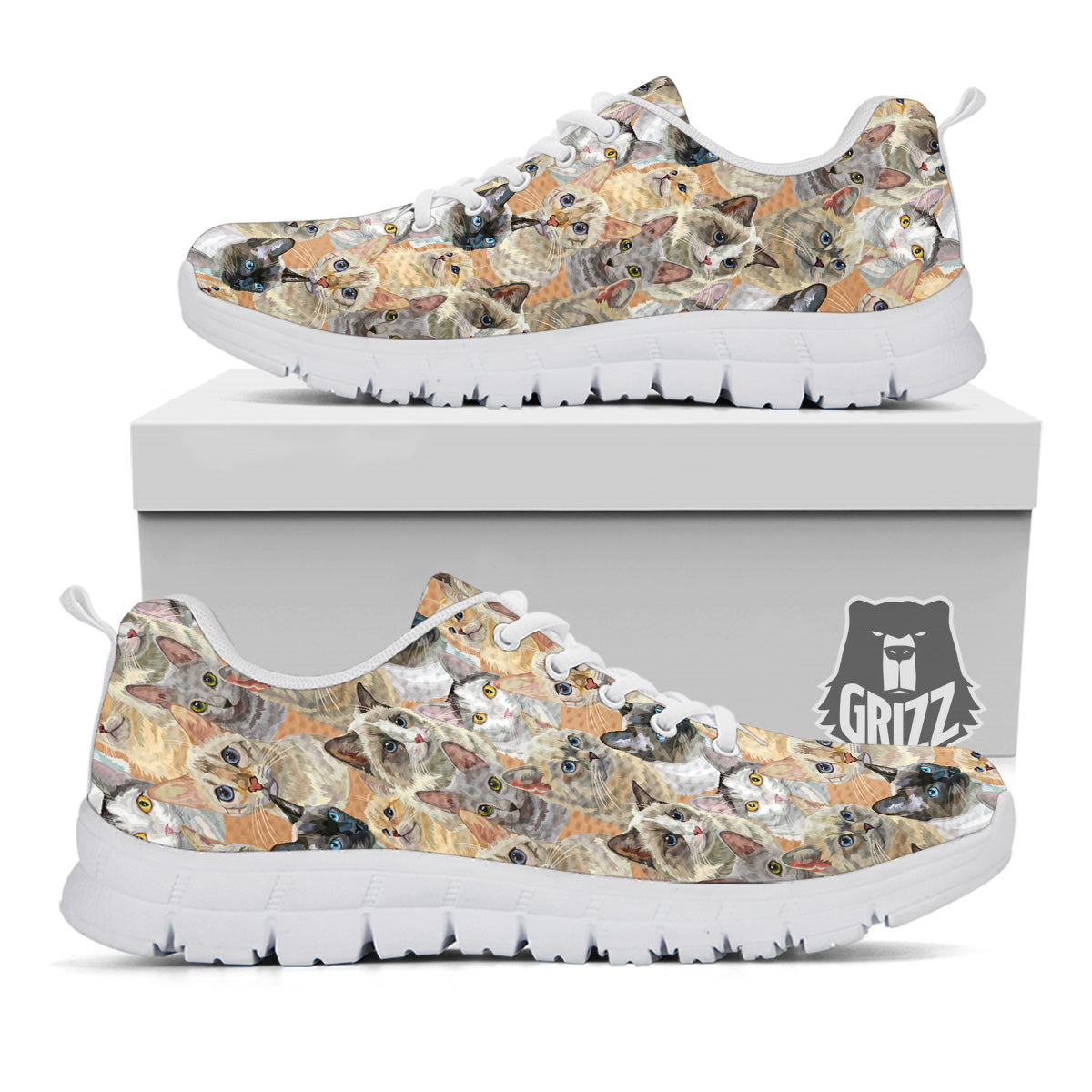 Cats Portrait Print Pattern White Sneaker-grizzshop