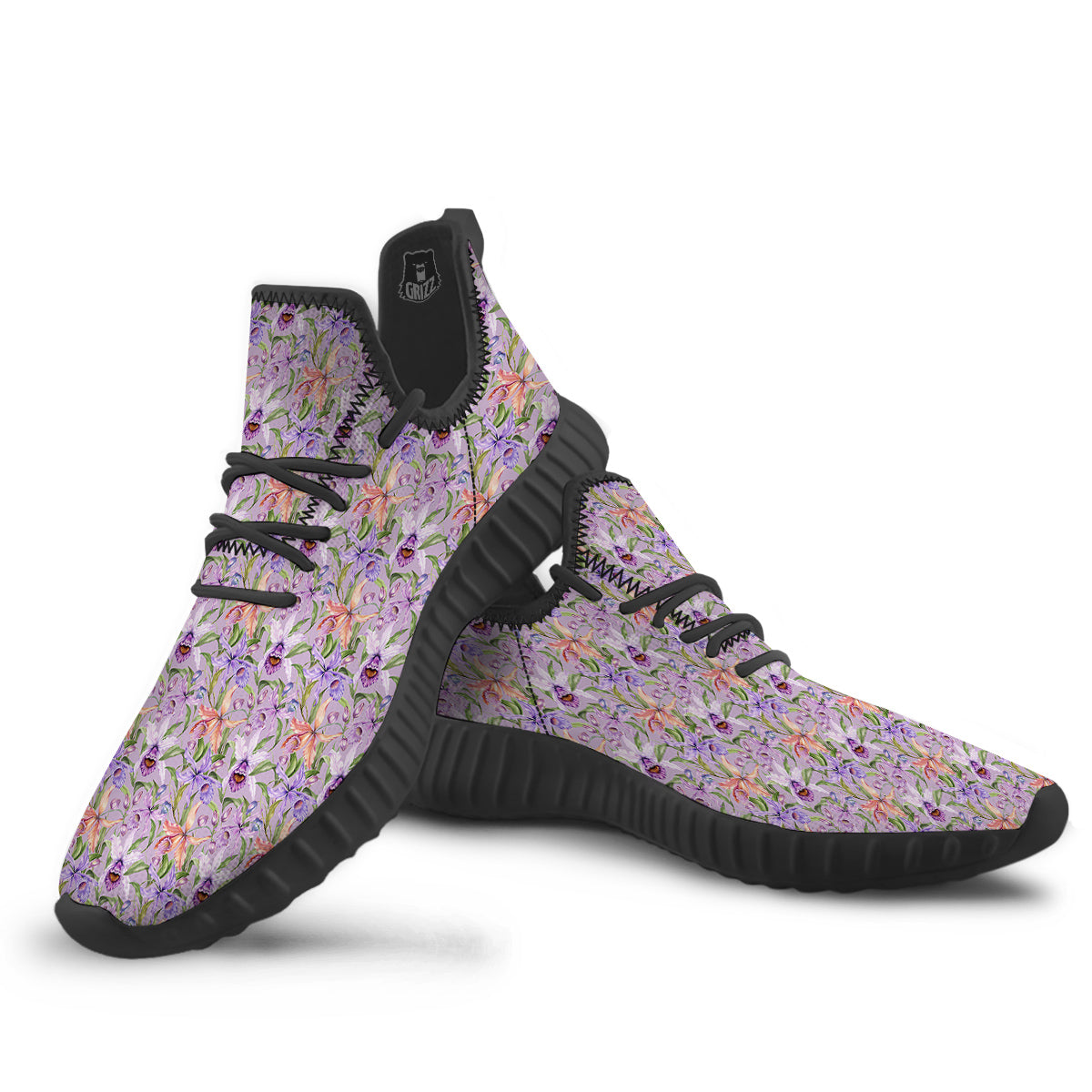 Cattleya Colorful Watercolor Print Black Walking Shoes-grizzshop