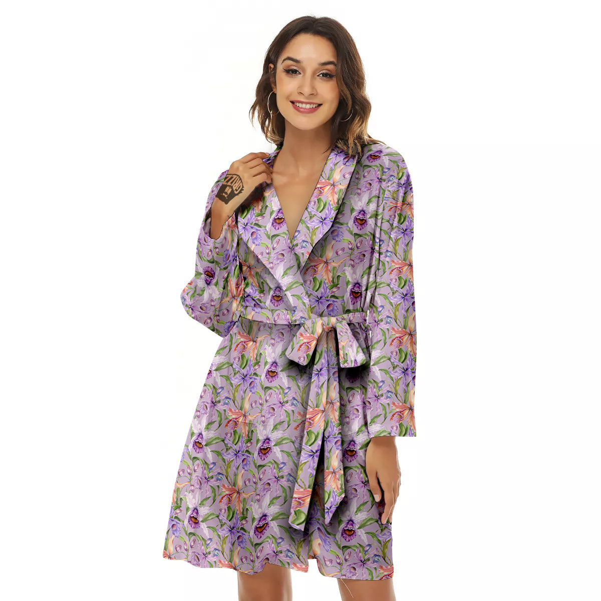 Cattleya Colorful Watercolor Print Women's Robe-grizzshop