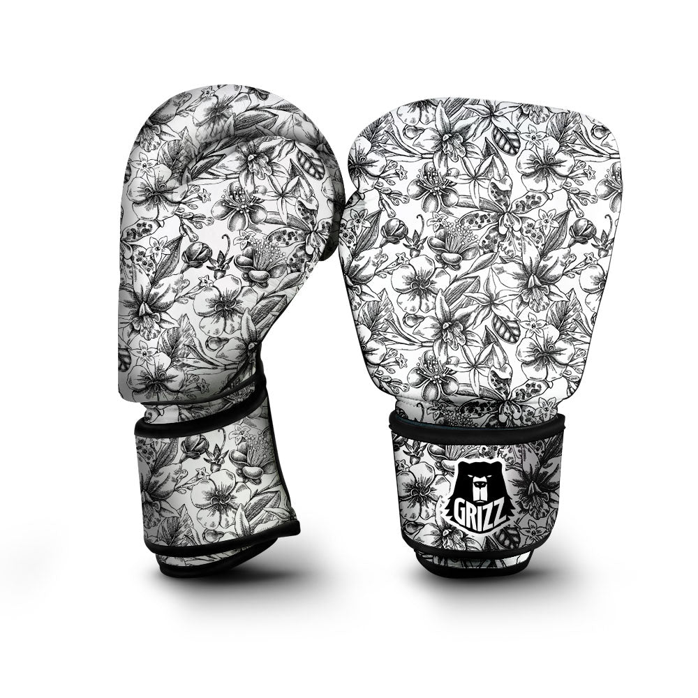 Cattleya White And Black Print Pattern Boxing Gloves-grizzshop