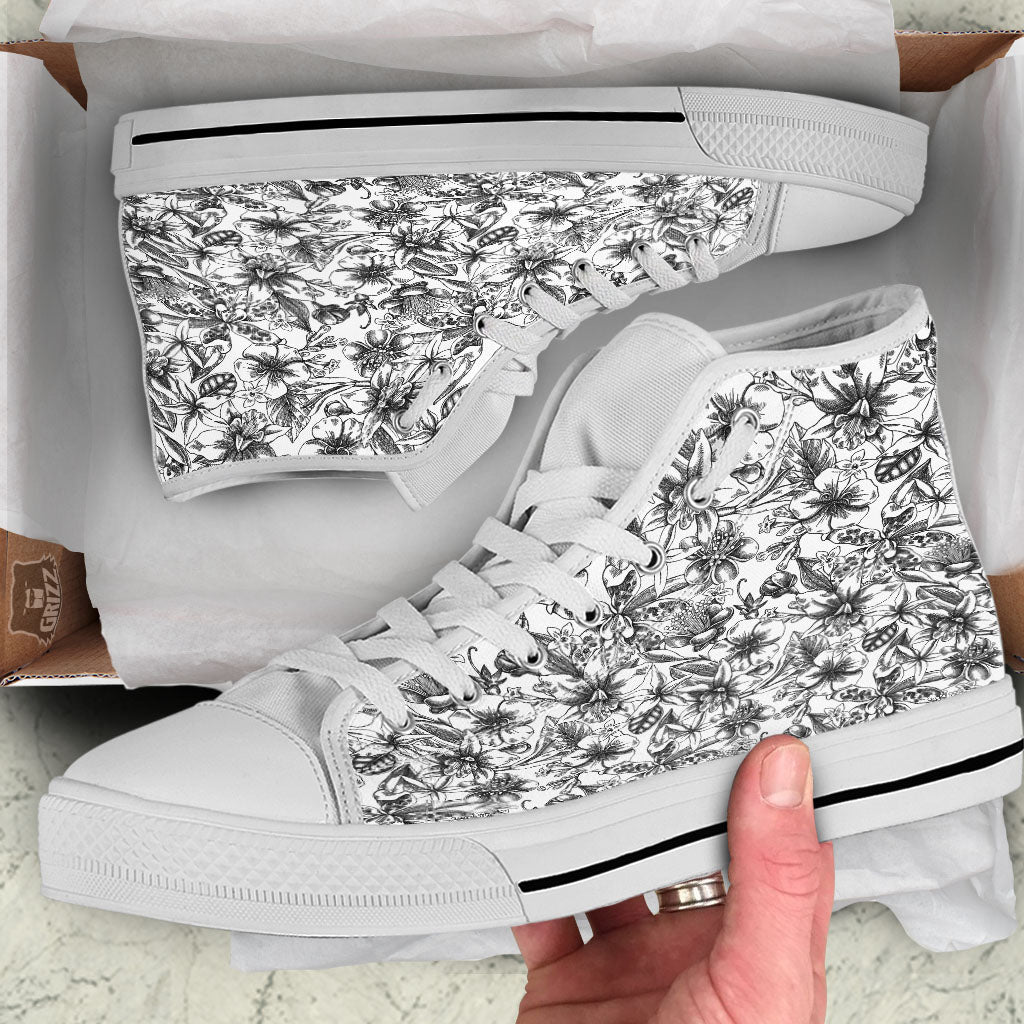 Cattleya White And Black Print Pattern White High Top Shoes-grizzshop