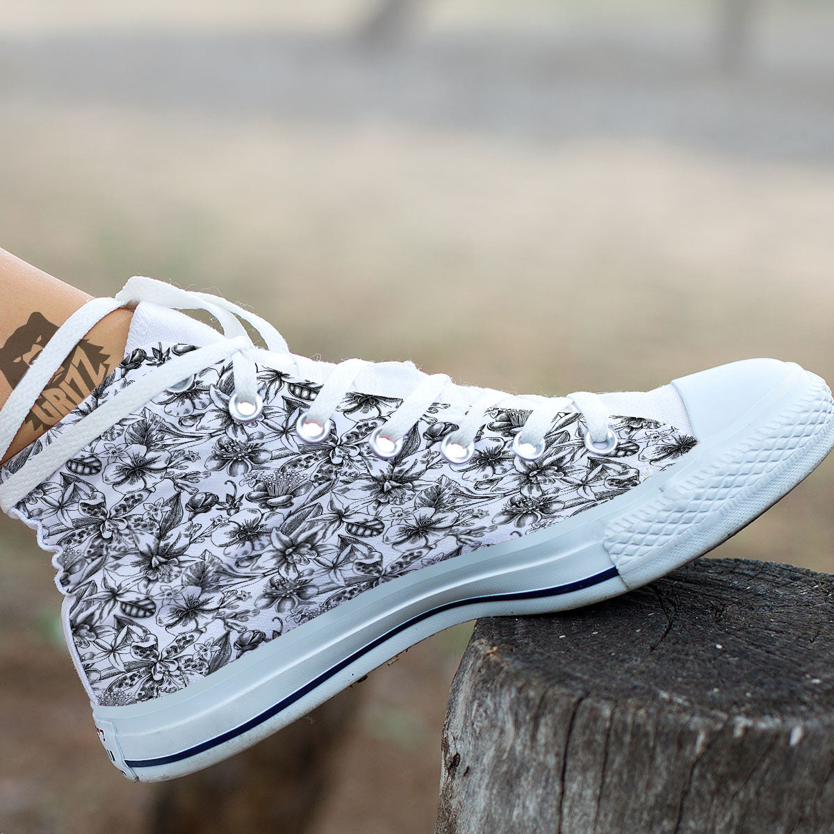 Cattleya White And Black Print Pattern White High Top Shoes-grizzshop