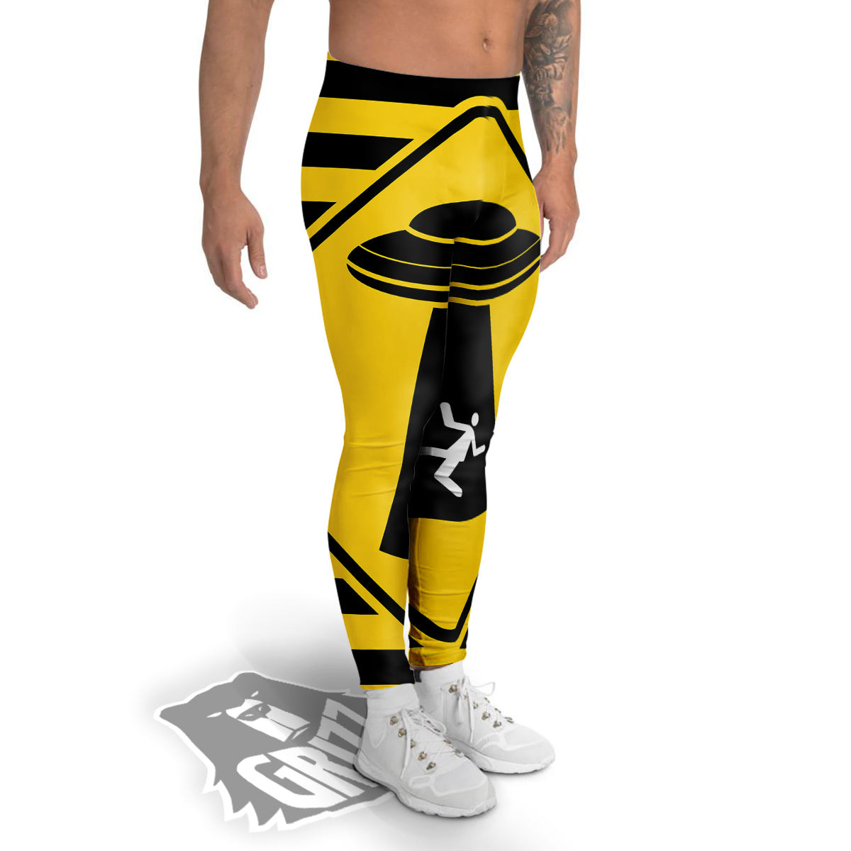 Caution Alien Abduction Warning Sign Print Men's Leggings-grizzshop