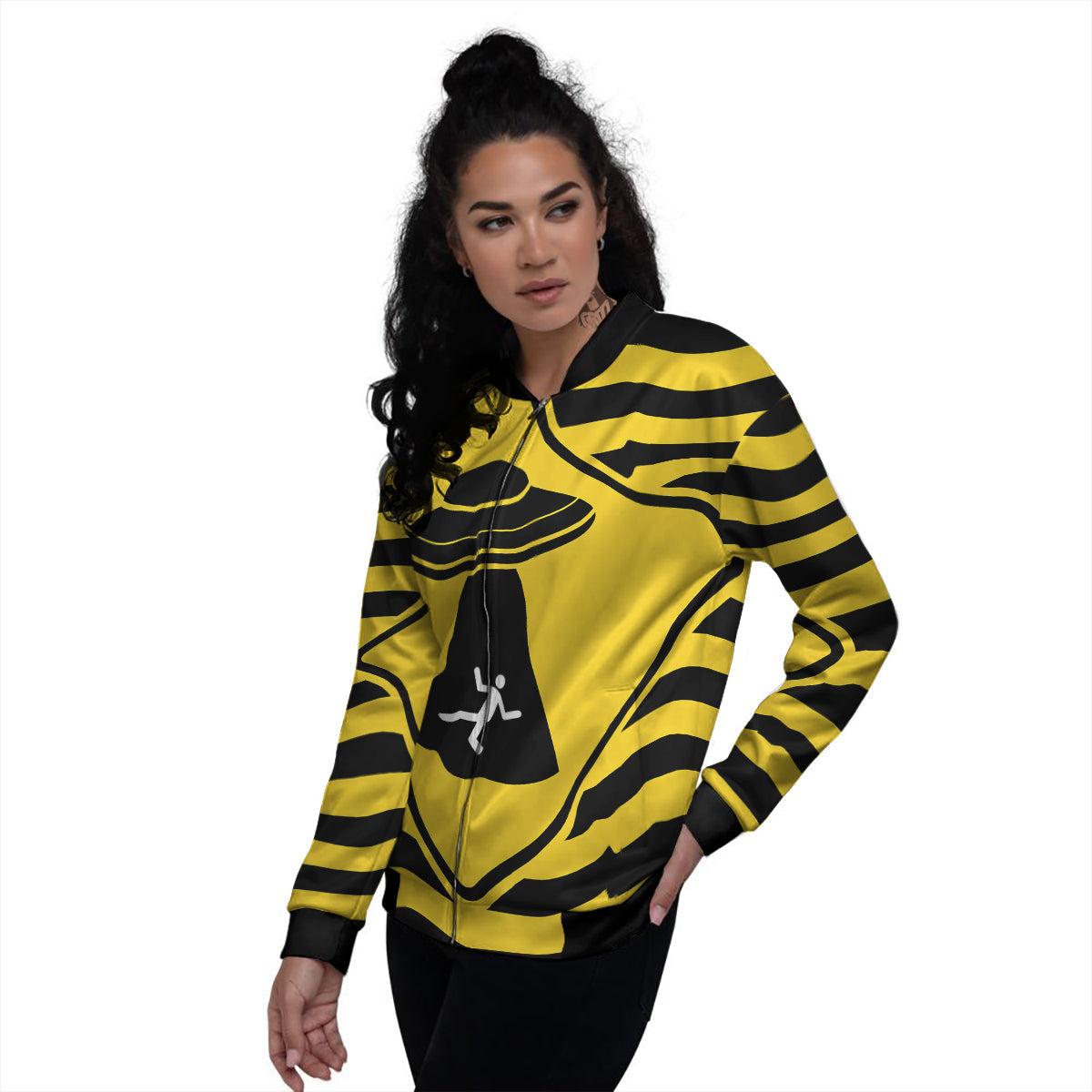 Caution Alien Abduction Warning Sign Print Women's Bomber Jacket-grizzshop