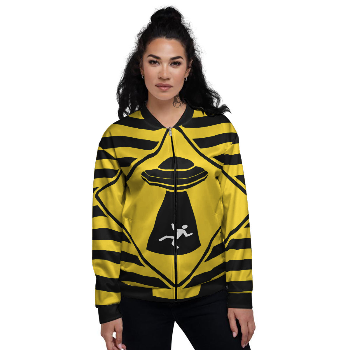 Caution Alien Abduction Warning Sign Print Women's Bomber Jacket-grizzshop