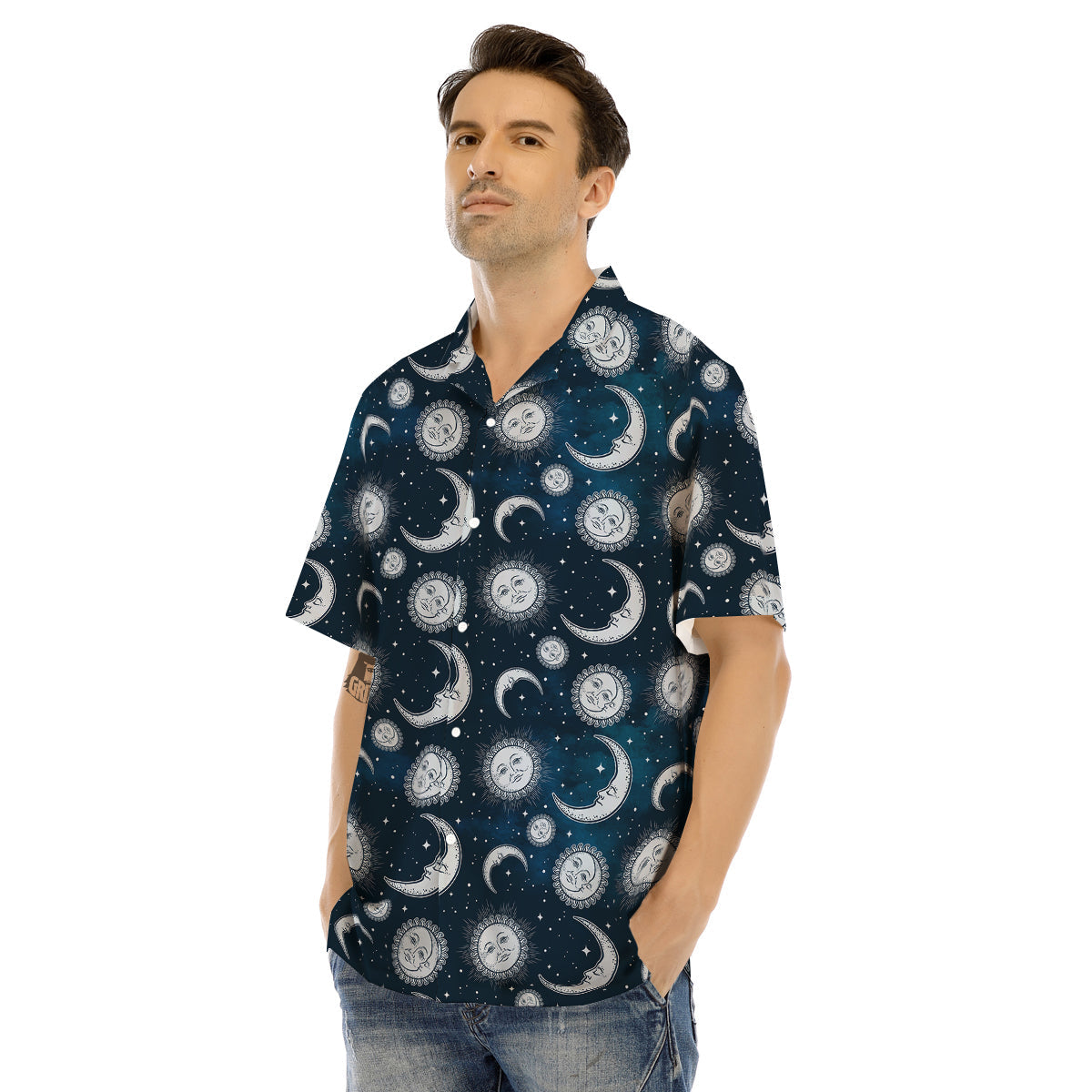 Celestial Blue And White Print Pattern Men's Hawaiian Shirt-grizzshop