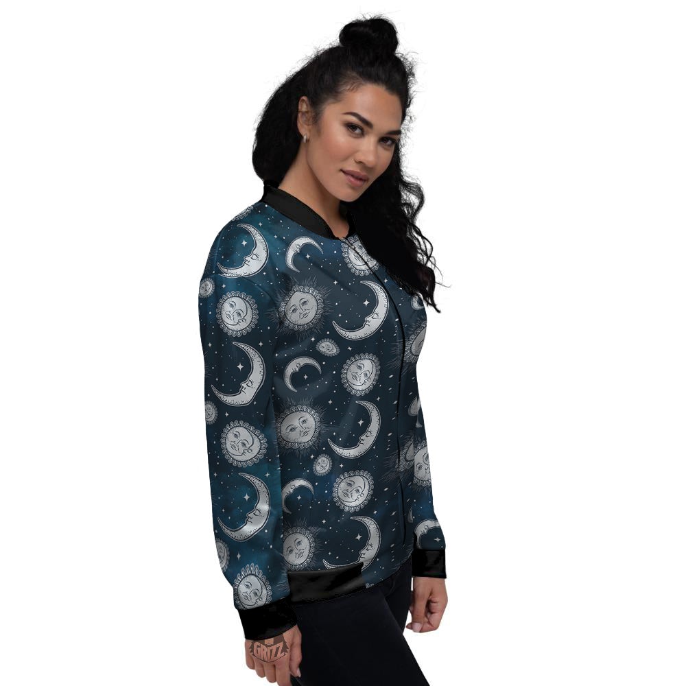 Celestial Blue And White Print Pattern Women's Bomber Jacket-grizzshop