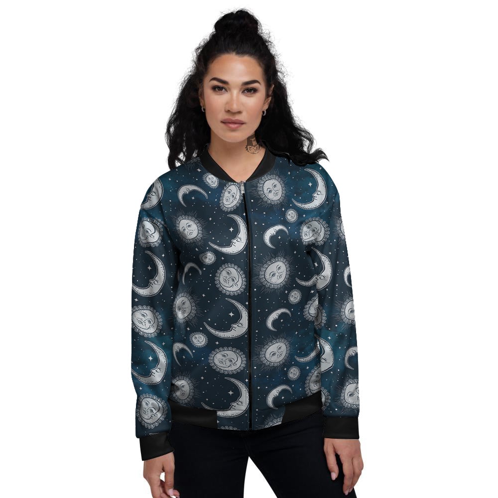 Celestial Blue And White Print Pattern Women's Bomber Jacket-grizzshop