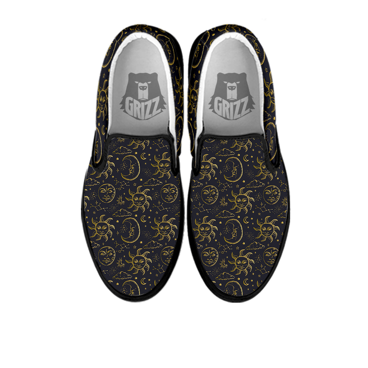 Celestial Gold And Black Print Pattern Black Slip On Shoes-grizzshop