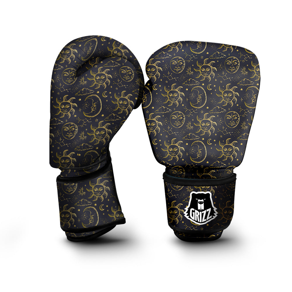 Celestial Gold And Black Print Pattern Boxing Gloves-grizzshop