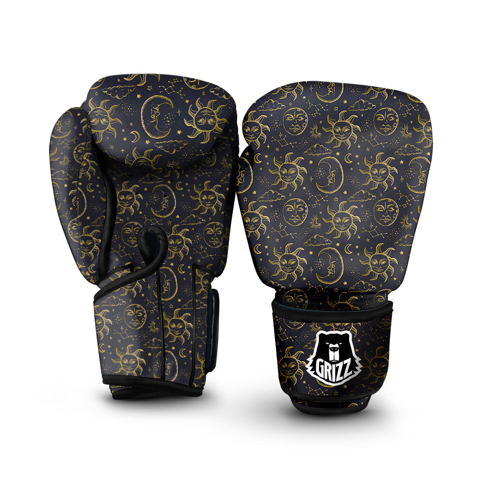Celestial Gold And Black Print Pattern Boxing Gloves-grizzshop