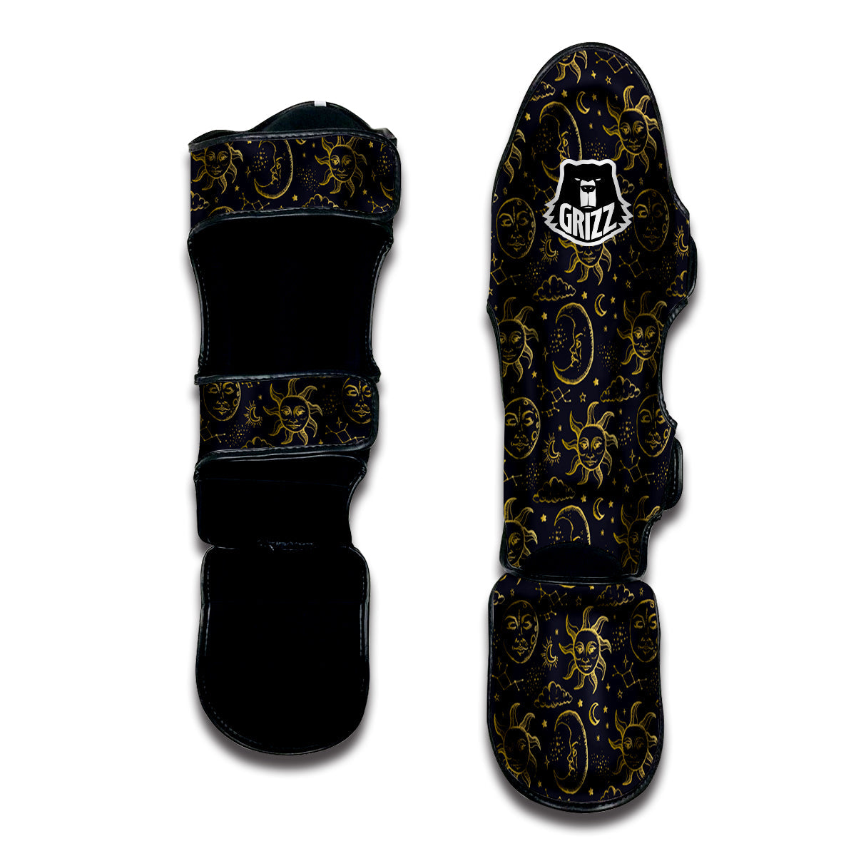 Celestial Gold And Black Print Pattern Muay Thai Shin Guards-grizzshop