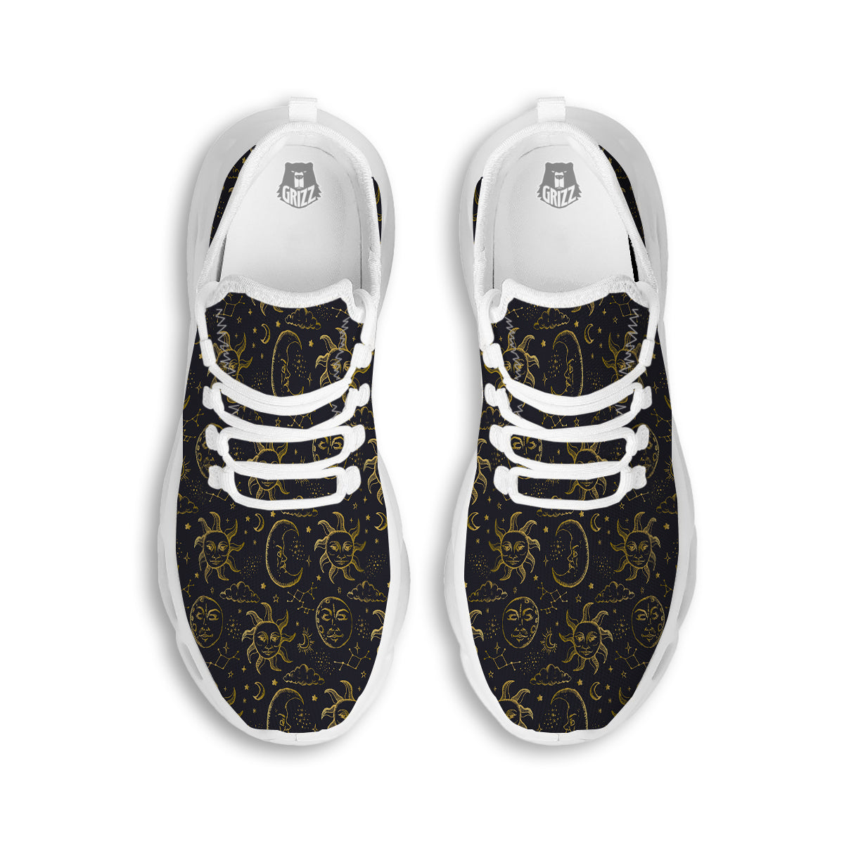 Celestial Gold And Black Print Pattern White Running Shoes-grizzshop