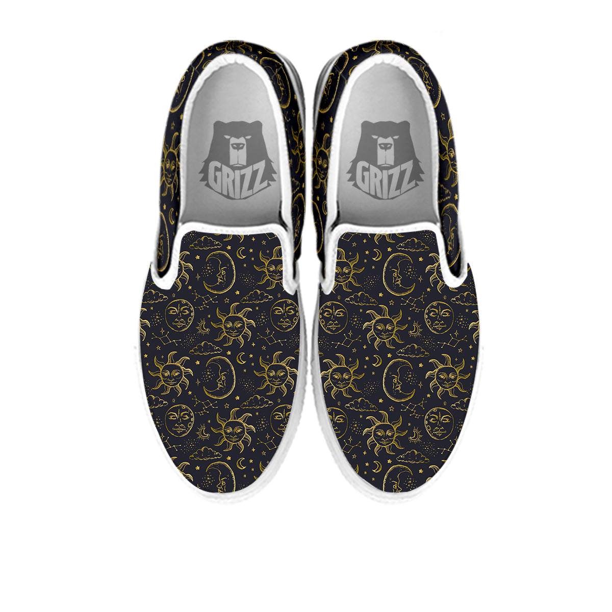 Celestial Gold And Black Print Pattern White Slip On Shoes-grizzshop