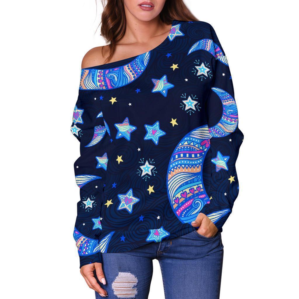 Celestial Pattern Print Women Off Shoulder Sweatshirt-grizzshop