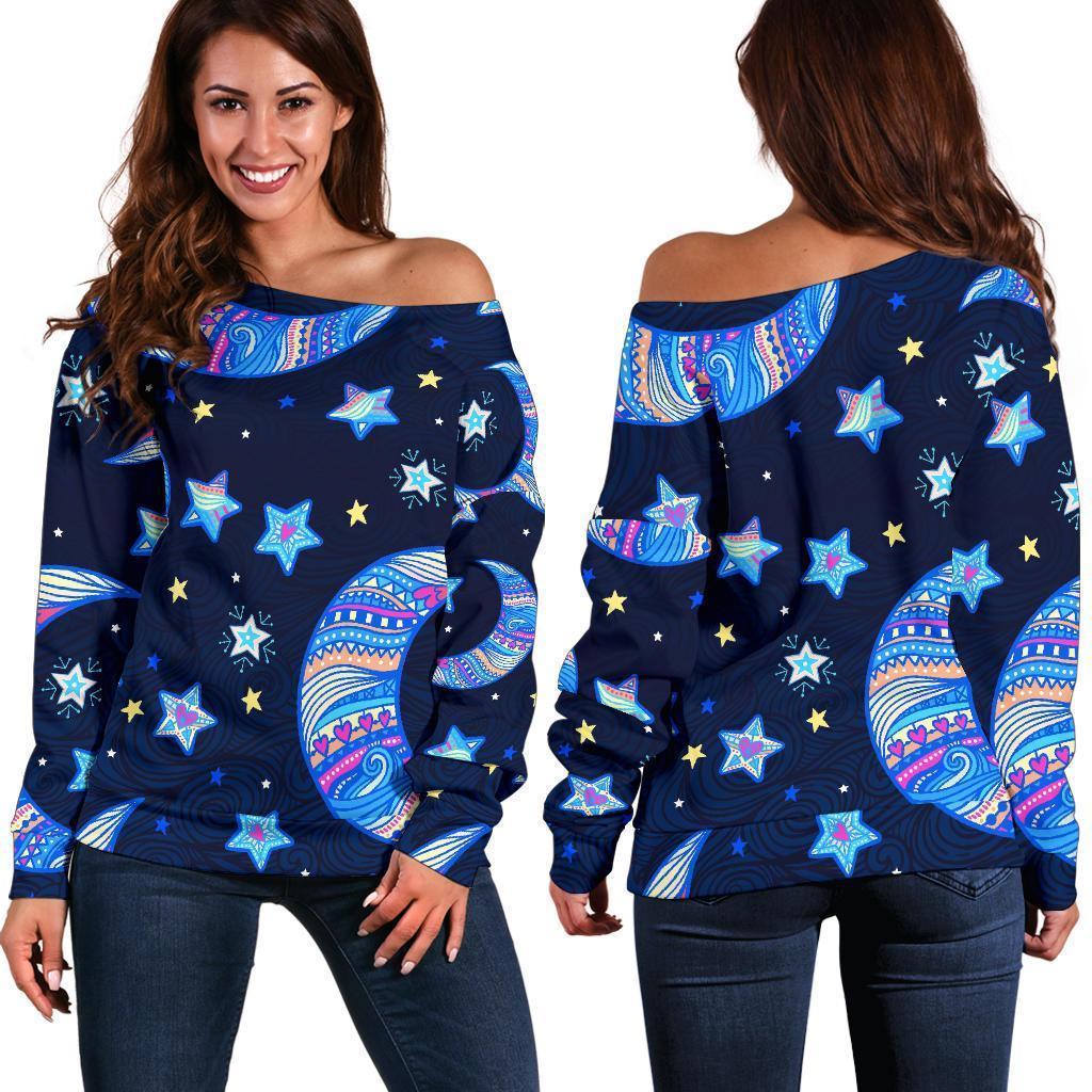 Celestial Pattern Print Women Off Shoulder Sweatshirt-grizzshop