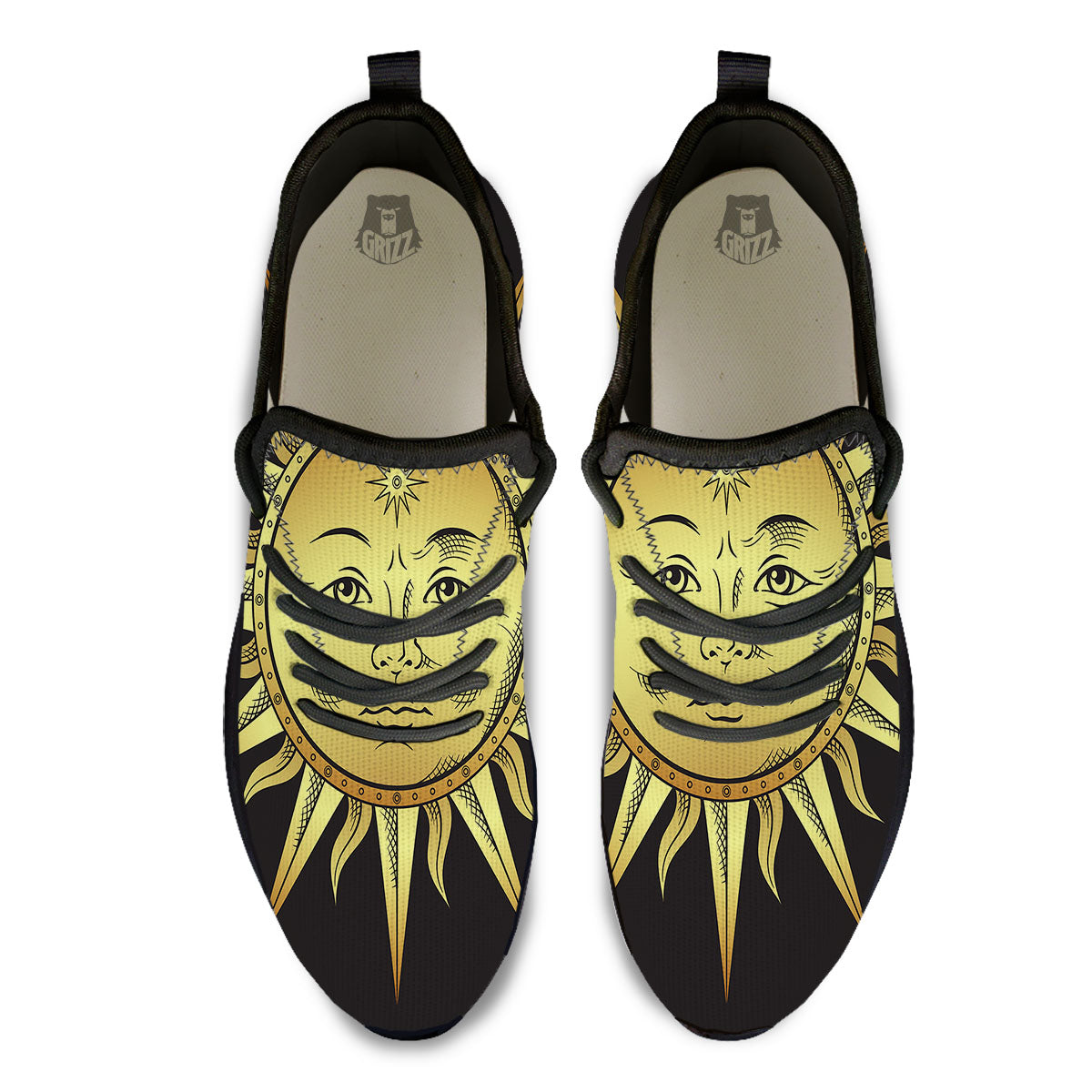 Celestial Sun Gold And Black Print Black Athletic Shoes-grizzshop