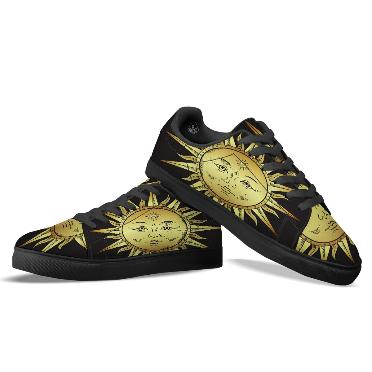 Celestial Sun Gold And Black Print Black Low Top Sneakers-grizzshop