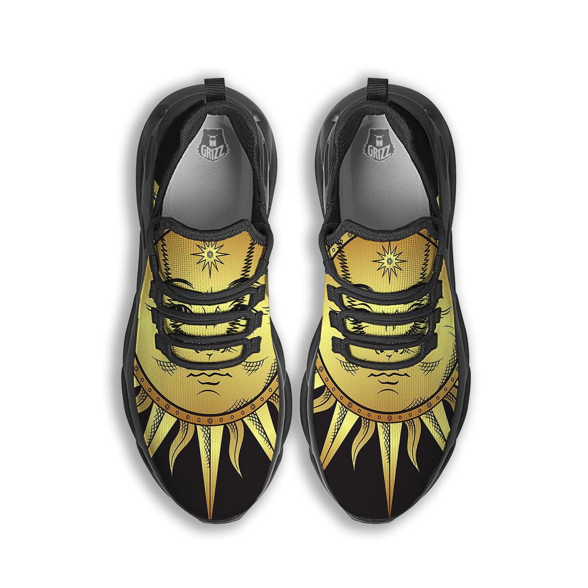 Celestial Sun Gold And Black Print Black Running Shoes-grizzshop