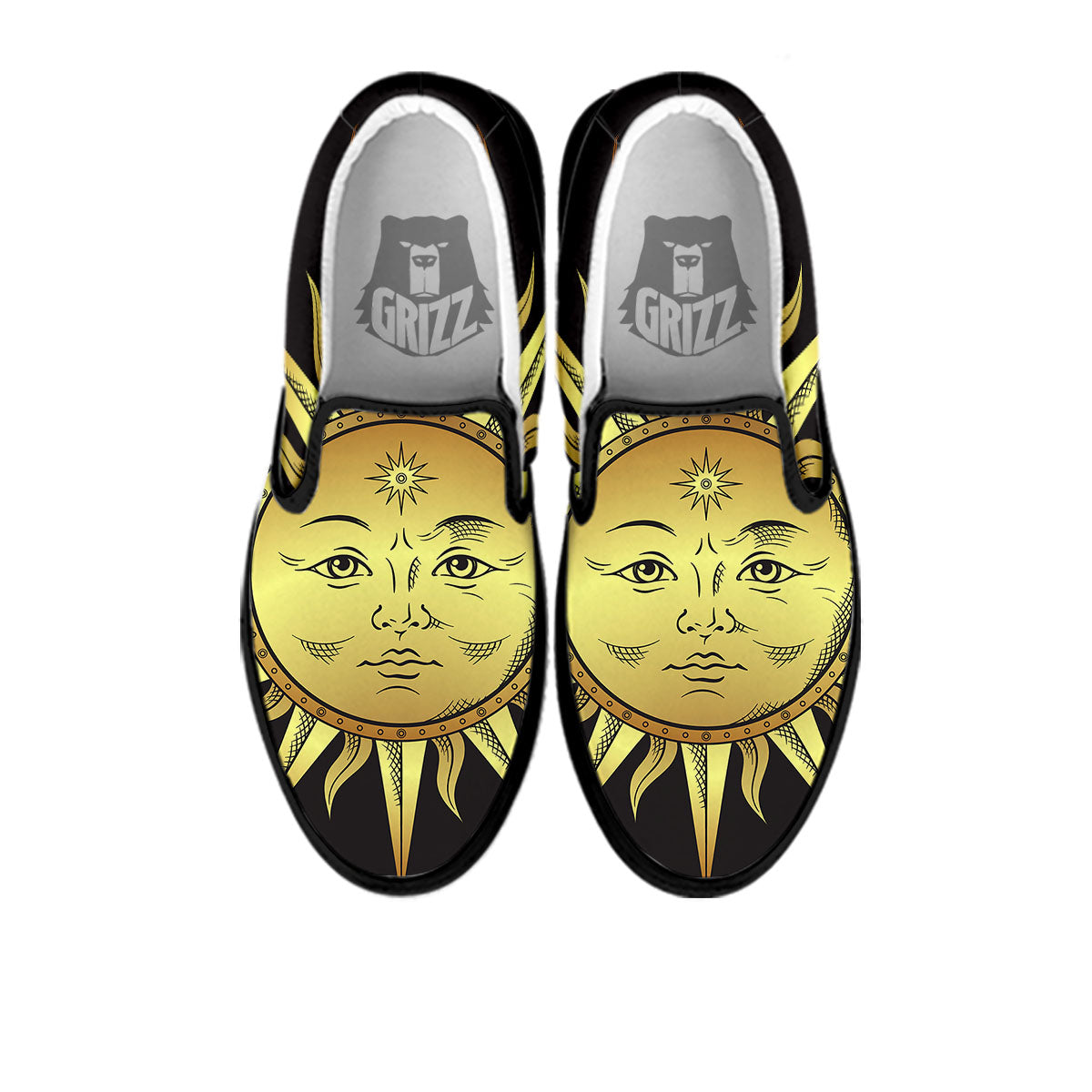 Celestial Sun Gold And Black Print Black Slip On Shoes-grizzshop