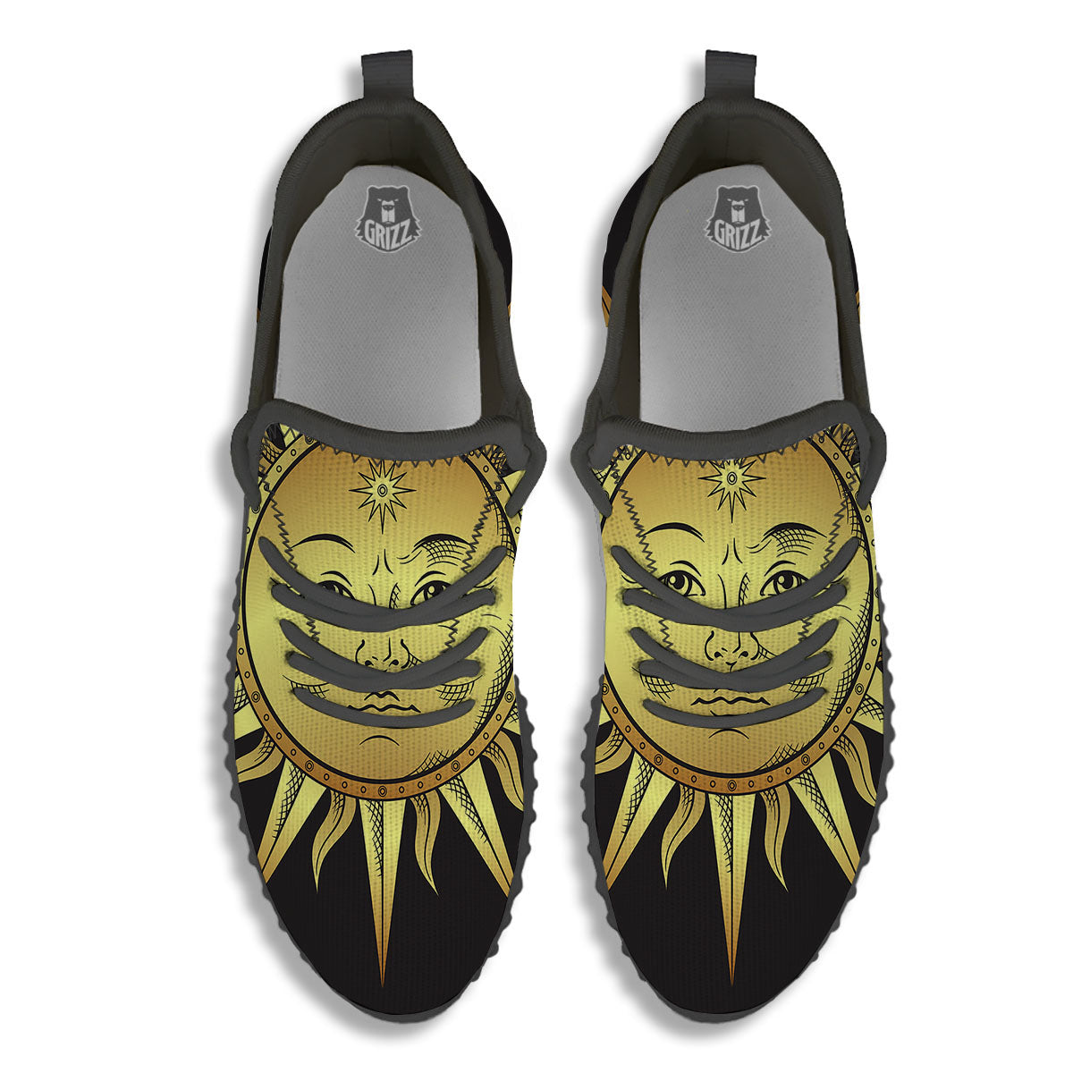 Celestial Sun Gold And Black Print Black Walking Shoes-grizzshop