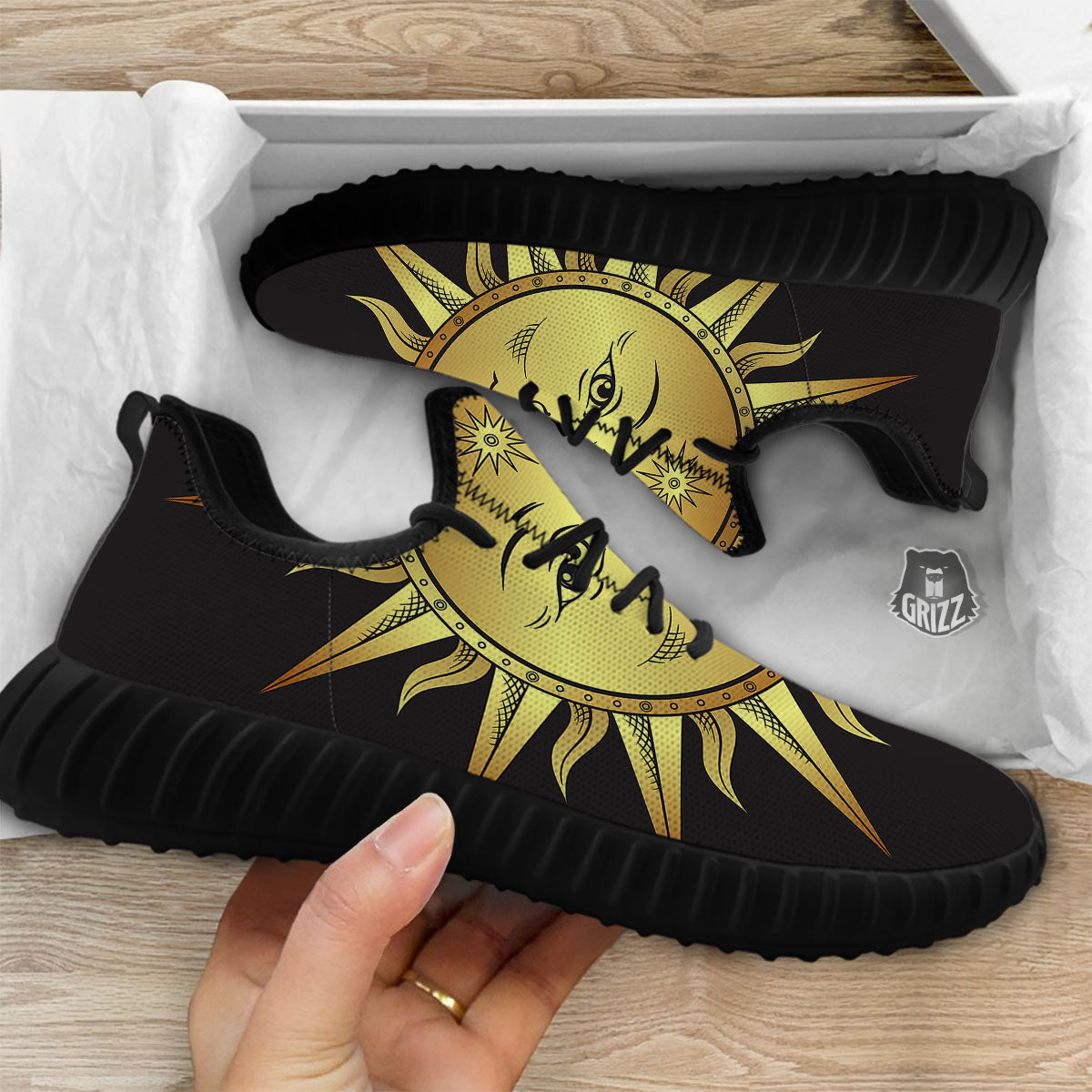Celestial Sun Gold And Black Print Black Walking Shoes-grizzshop