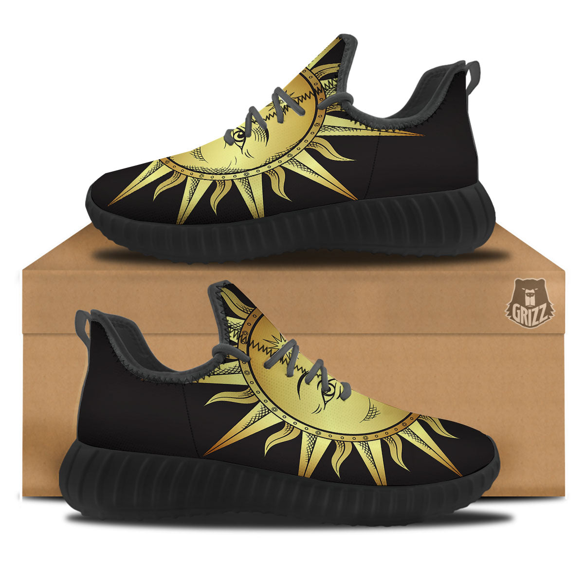 Celestial Sun Gold And Black Print Black Walking Shoes-grizzshop