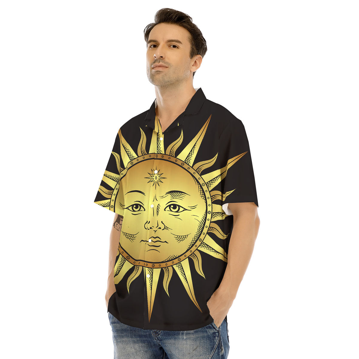 Celestial Sun Gold And Black Print Men's Hawaiian Shirt-grizzshop