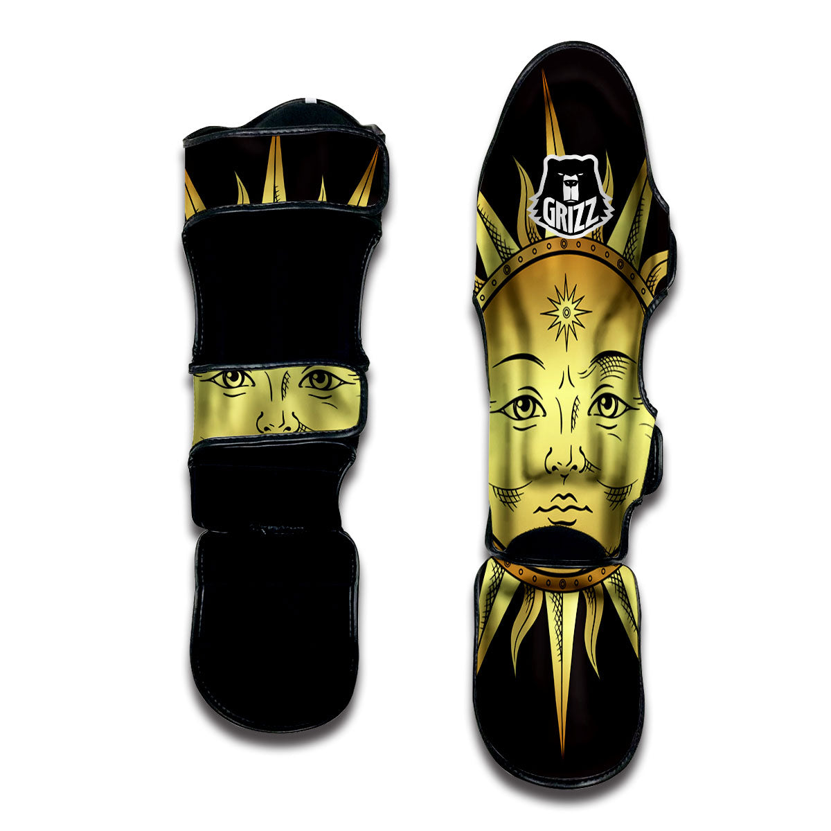 Celestial Sun Gold And Black Print Muay Thai Shin Guards-grizzshop
