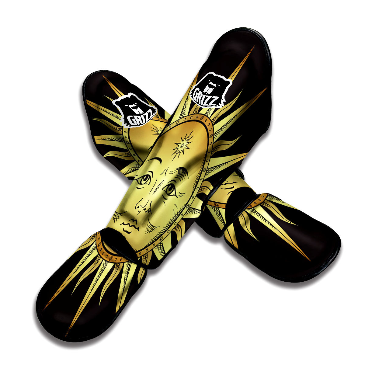 Celestial Sun Gold And Black Print Muay Thai Shin Guards-grizzshop