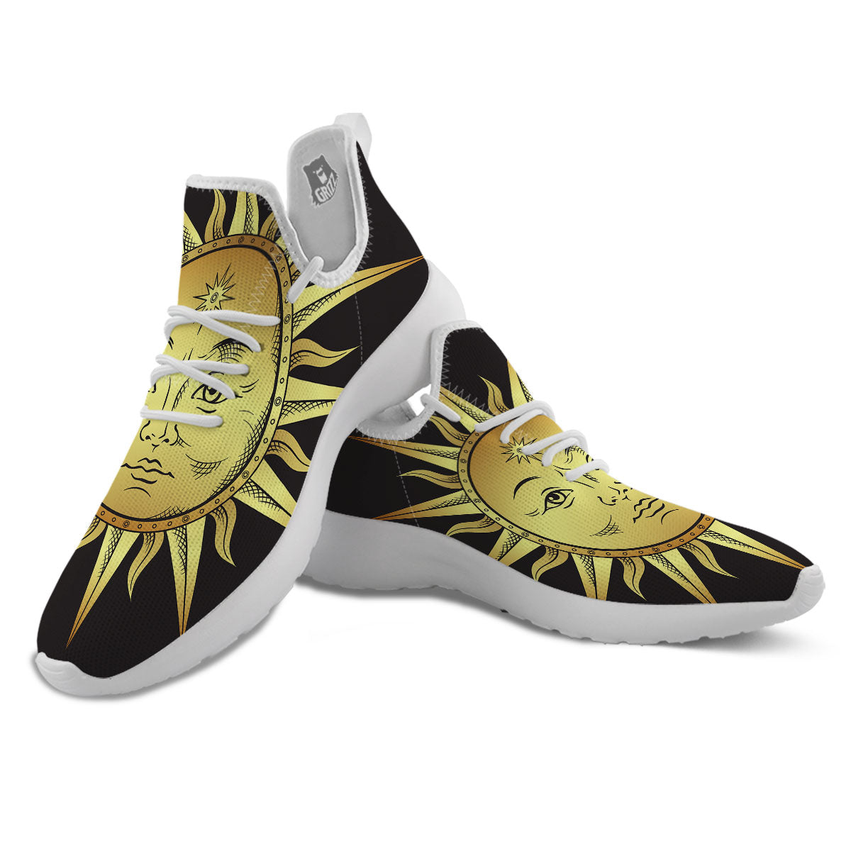 Celestial Sun Gold And Black Print White Athletic Shoes-grizzshop