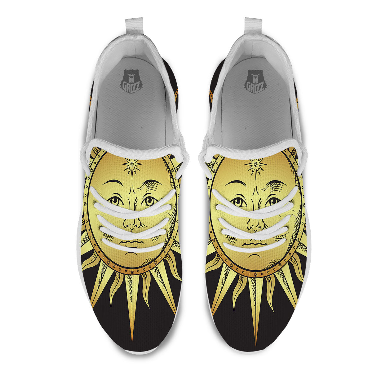 Celestial Sun Gold And Black Print White Athletic Shoes-grizzshop