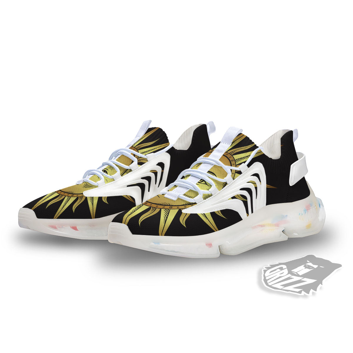 Celestial Sun Gold And Black Print White Gym Shoes-grizzshop