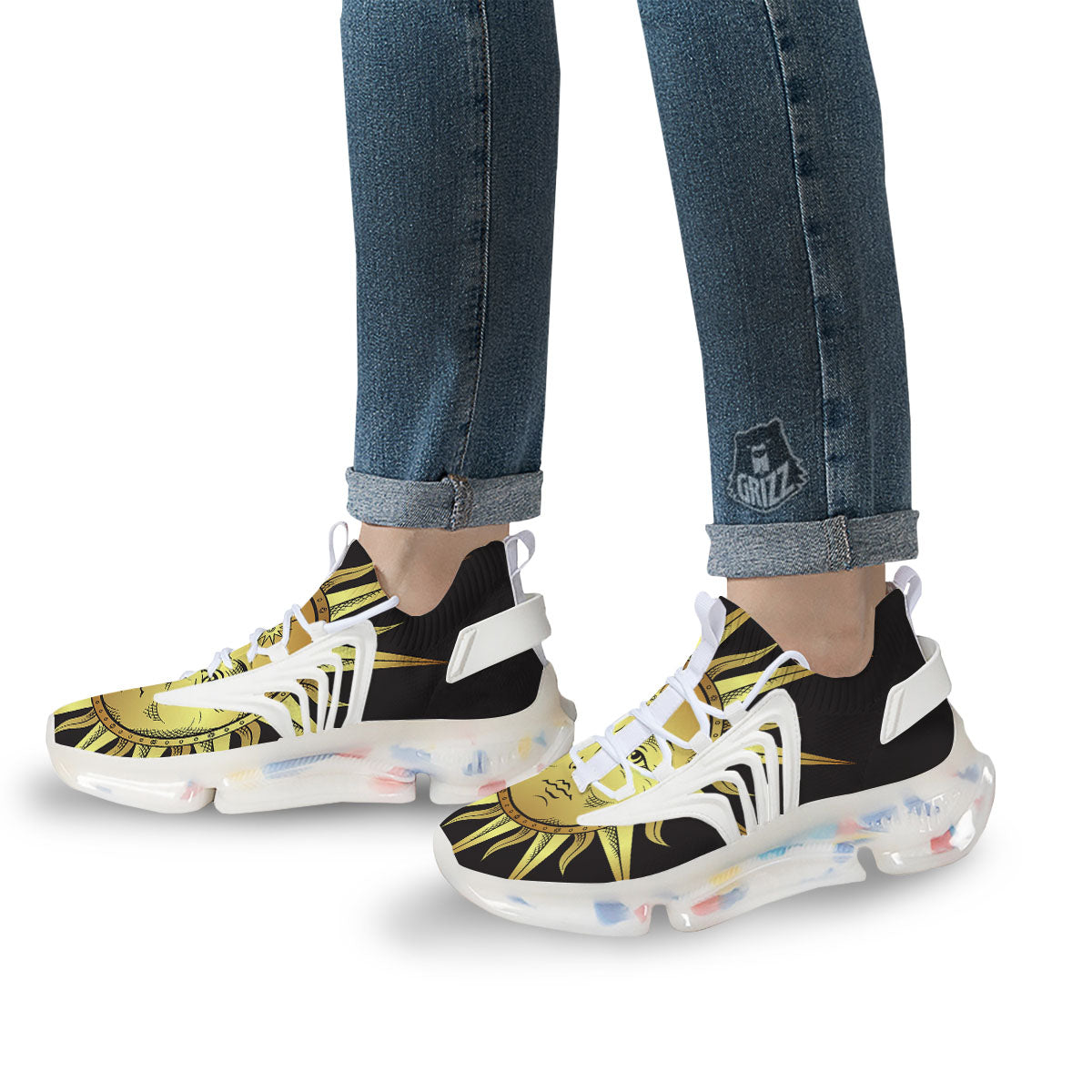Celestial Sun Gold And Black Print White Gym Shoes-grizzshop