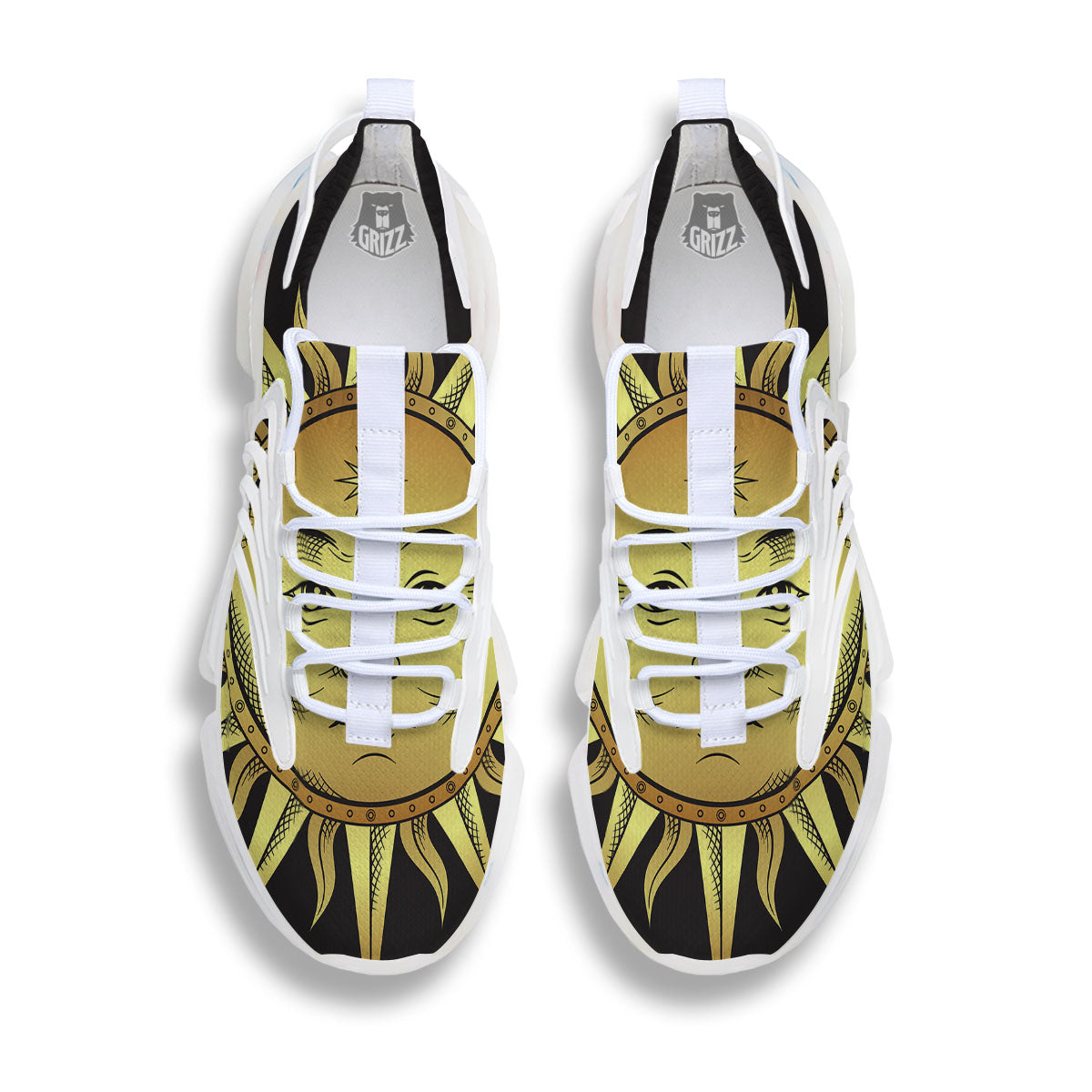Celestial Sun Gold And Black Print White Gym Shoes-grizzshop