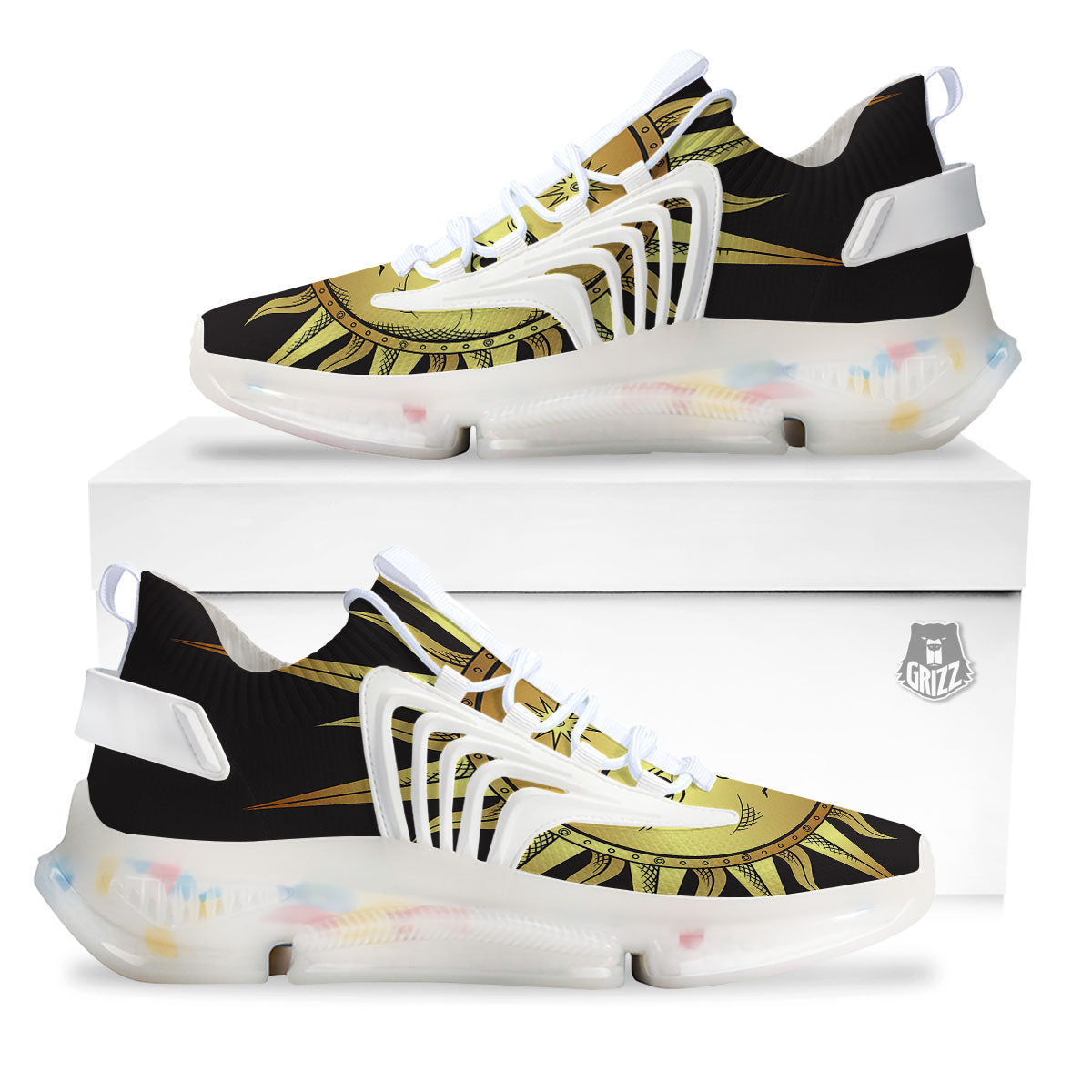 Celestial Sun Gold And Black Print White Gym Shoes-grizzshop