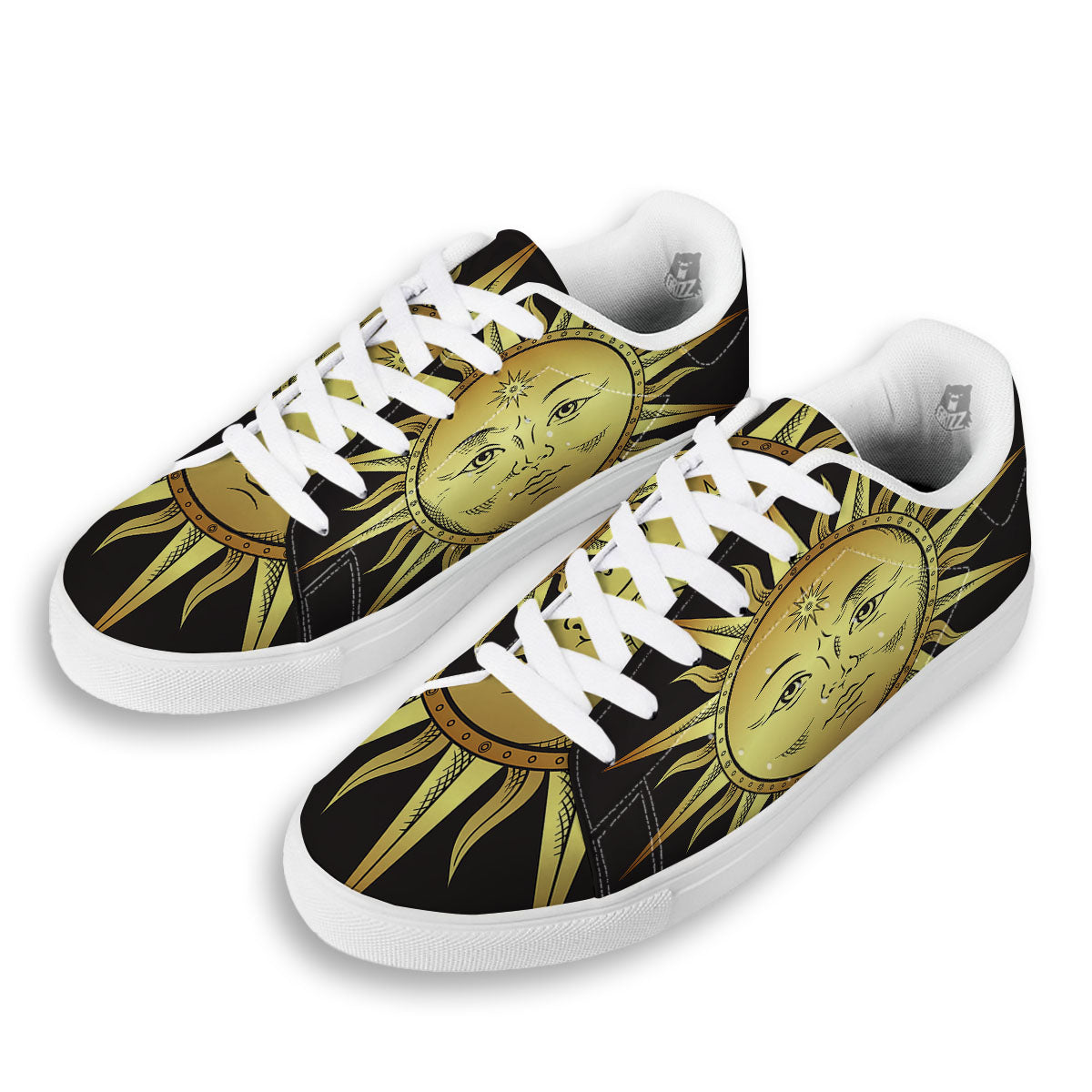 Celestial Sun Gold And Black Print White Low Top Sneakers-grizzshop
