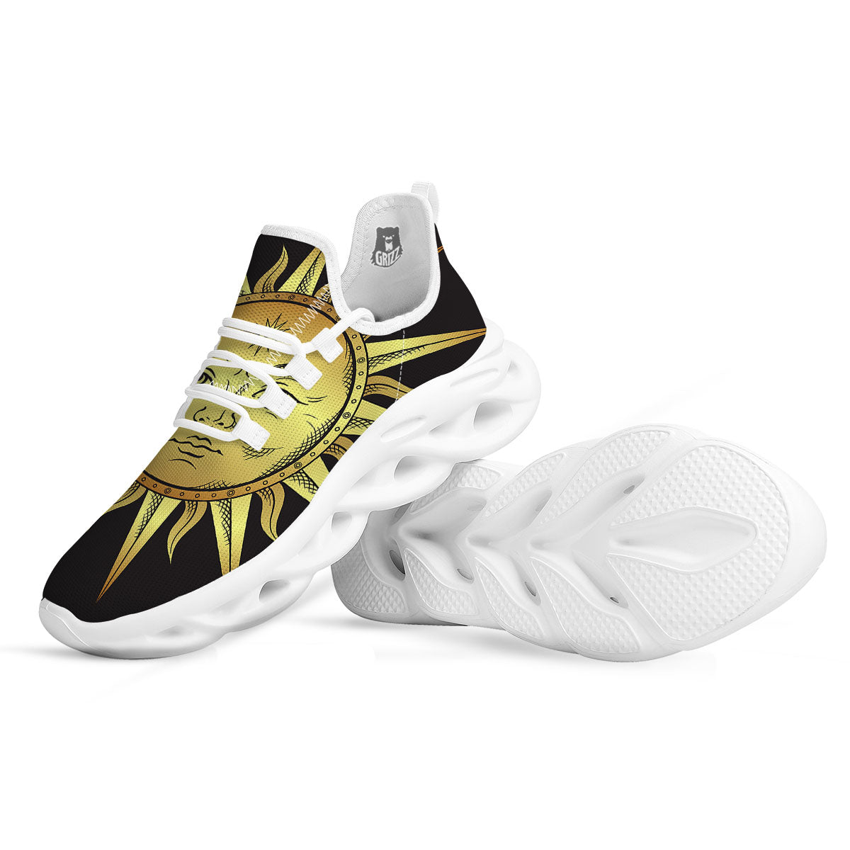 Celestial Sun Gold And Black Print White Running Shoes-grizzshop