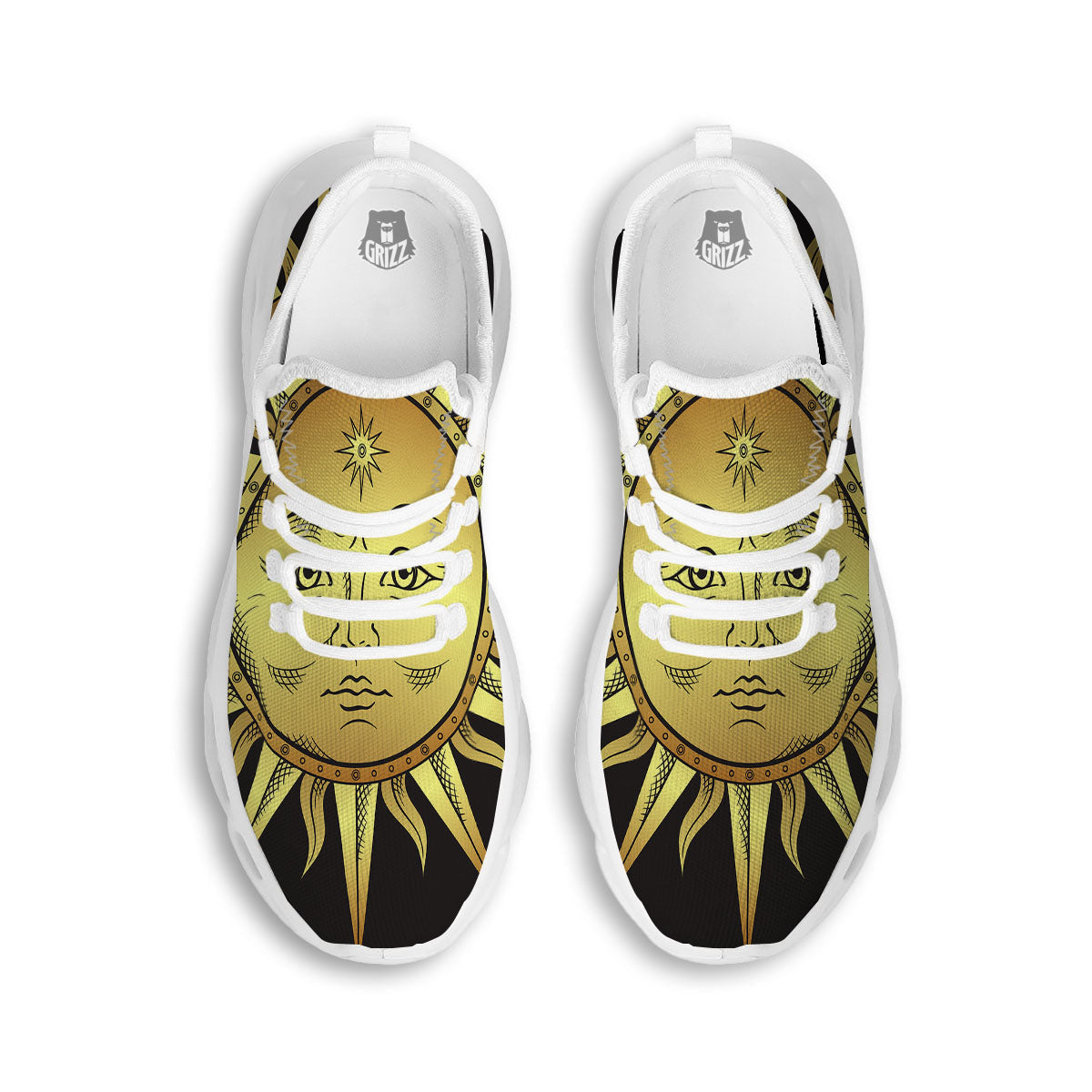 Celestial Sun Gold And Black Print White Running Shoes-grizzshop