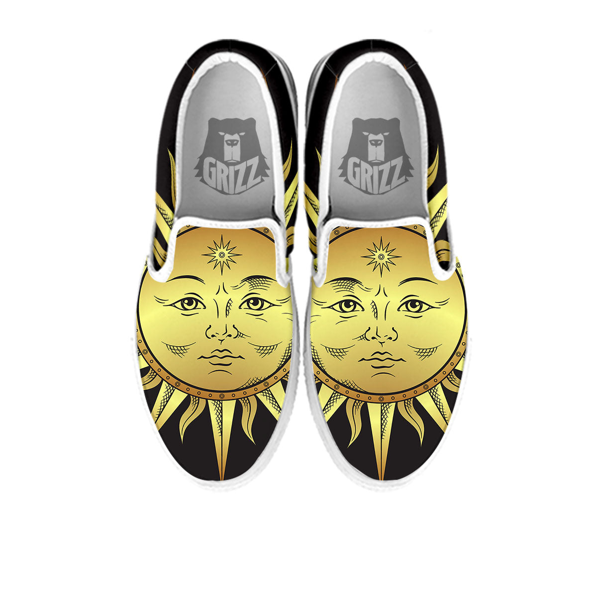 Celestial Sun Gold And Black Print White Slip On Shoes-grizzshop