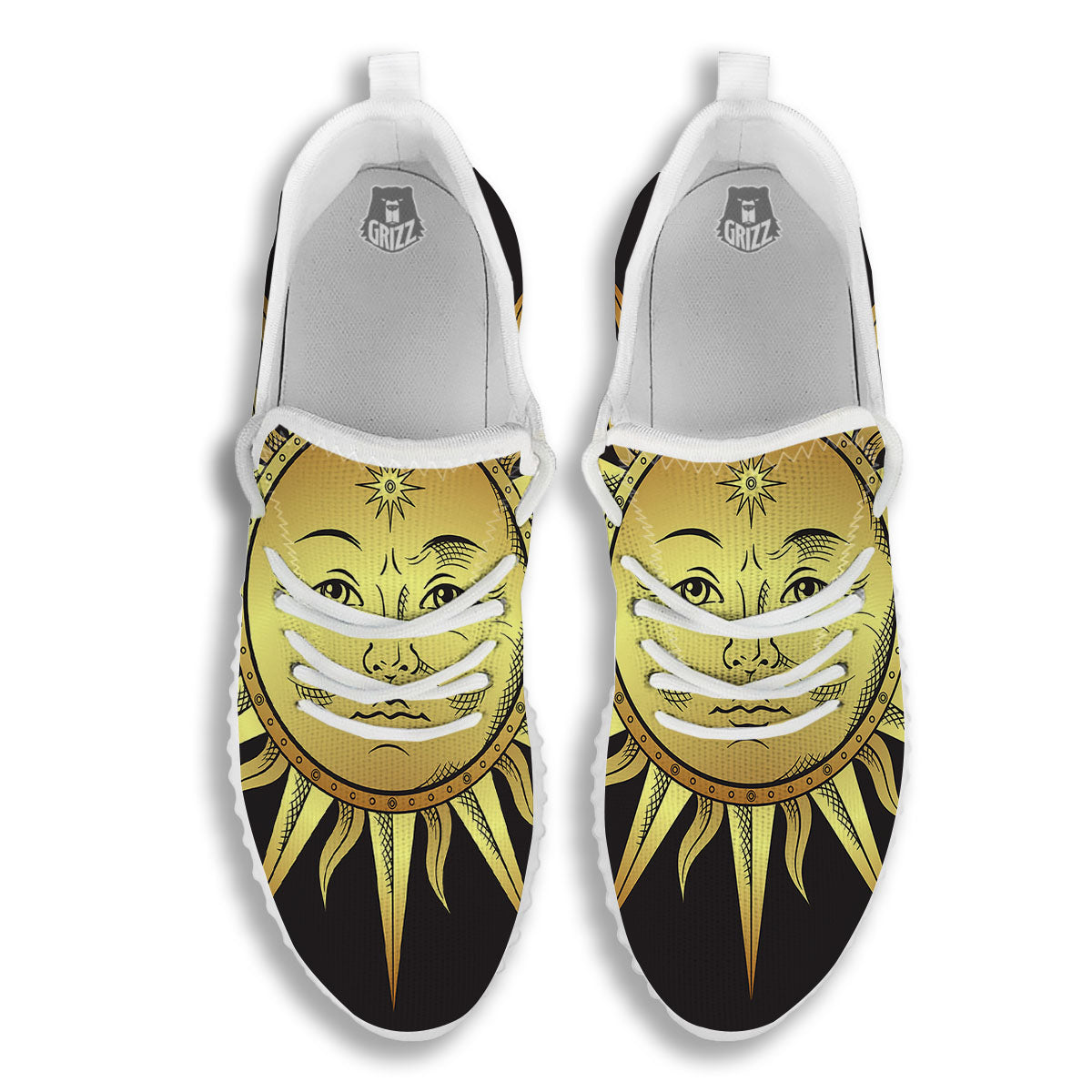Celestial Sun Gold And Black Print White Walking Shoes-grizzshop