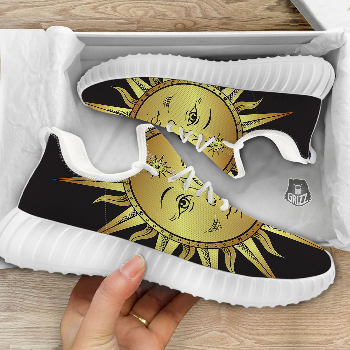 Celestial Sun Gold And Black Print White Walking Shoes-grizzshop